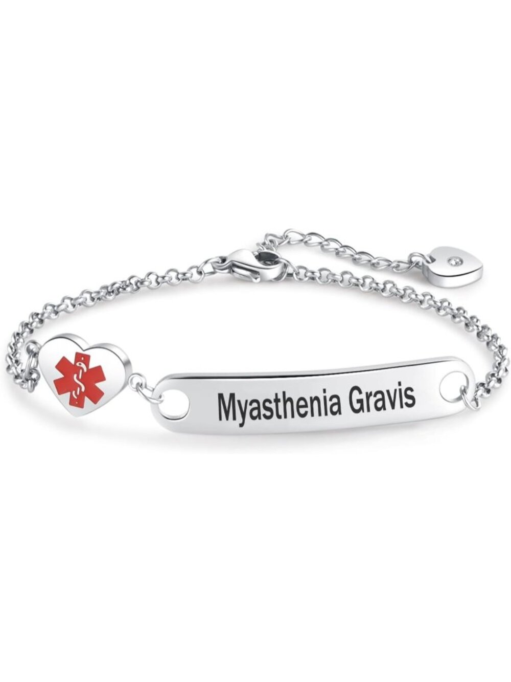 Women's Myasthenia Gravis Heart Medical Alert Stainless Steel Chain Bracelet